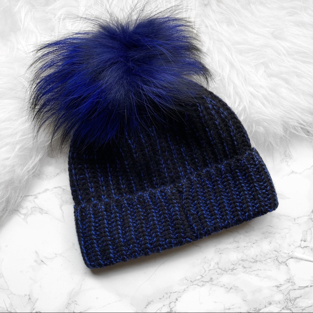 Renvy Dark Blue Pompom Beanie NWT  Cashmere/wool